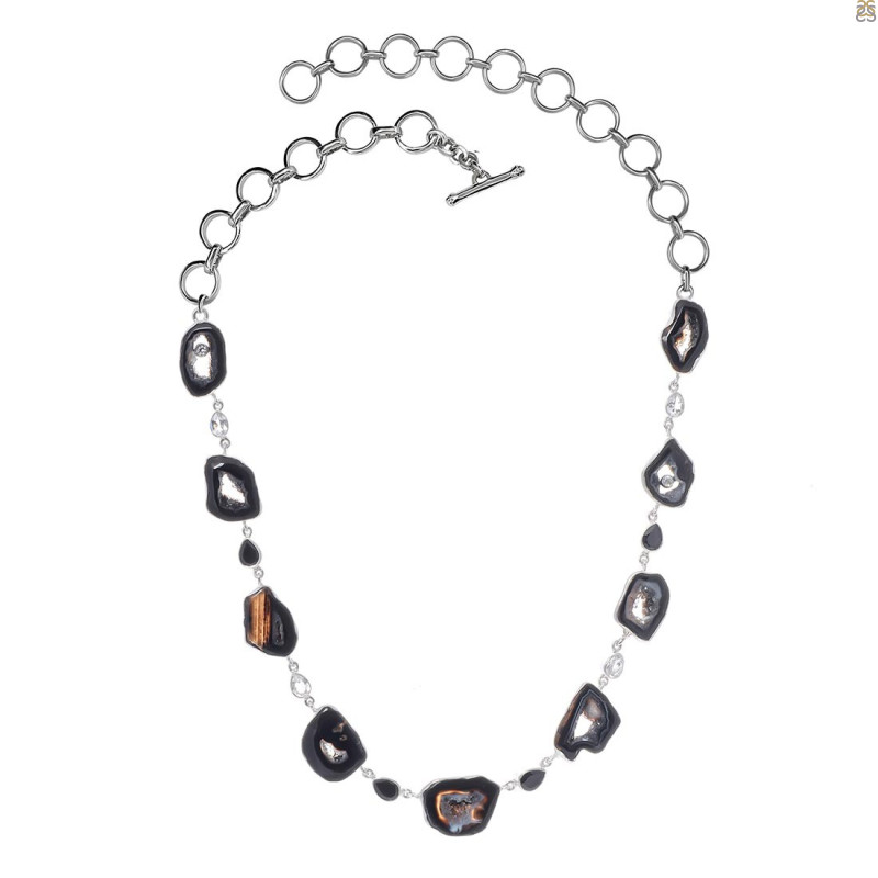 Agate (Black)/White Topaz/Black spinel Necklace-NSL ABL-12-7