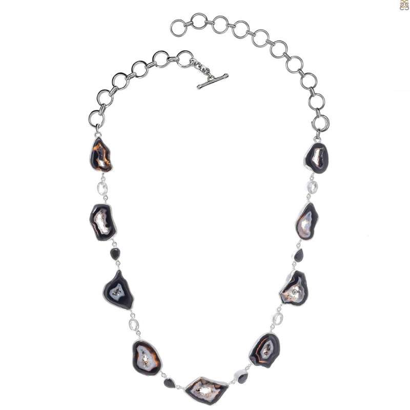 Agate (Black)/White Topaz/Black spinel Necklace-NSL ABL-12-9