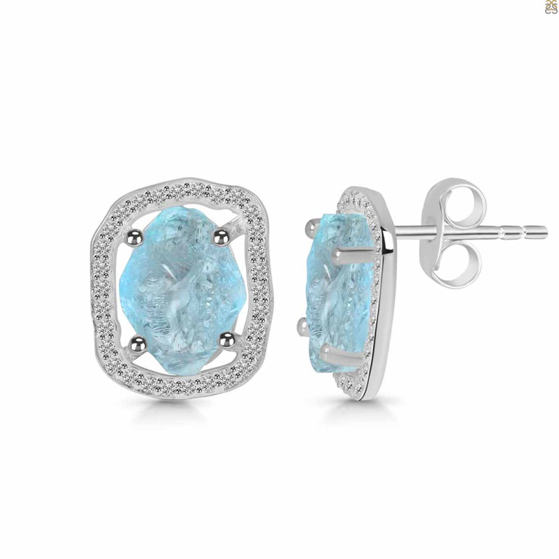Aquamarine Raw Crystal & White Topaz Stud Earring AQM-RDE-1255.