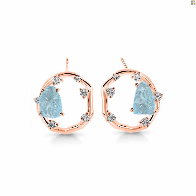 Aquamarine Raw Crystal & White Topaz Stud Earring AQM-RDE-1461.