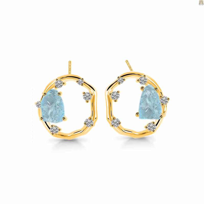 Aquamarine Raw Crystal & White Topaz Stud Earring AQM-RDE-1461.