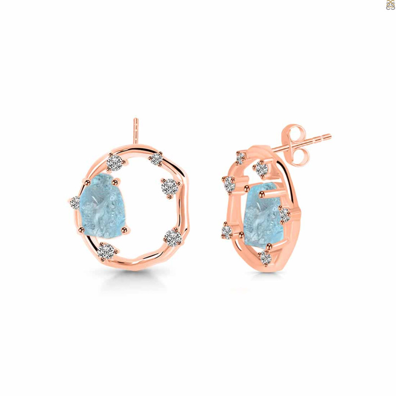 Aquamarine Raw Crystal & White Topaz Stud Earring AQM-RDE-1461.
