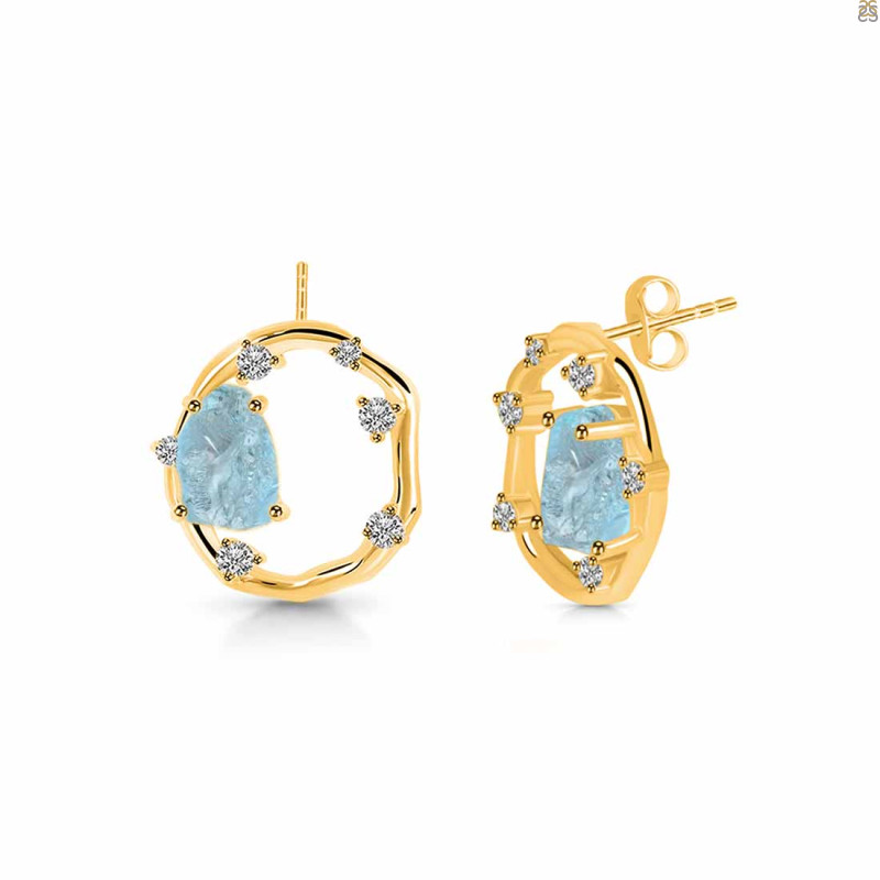 Aquamarine Raw Crystal & White Topaz Stud Earring AQM-RDE-1461.