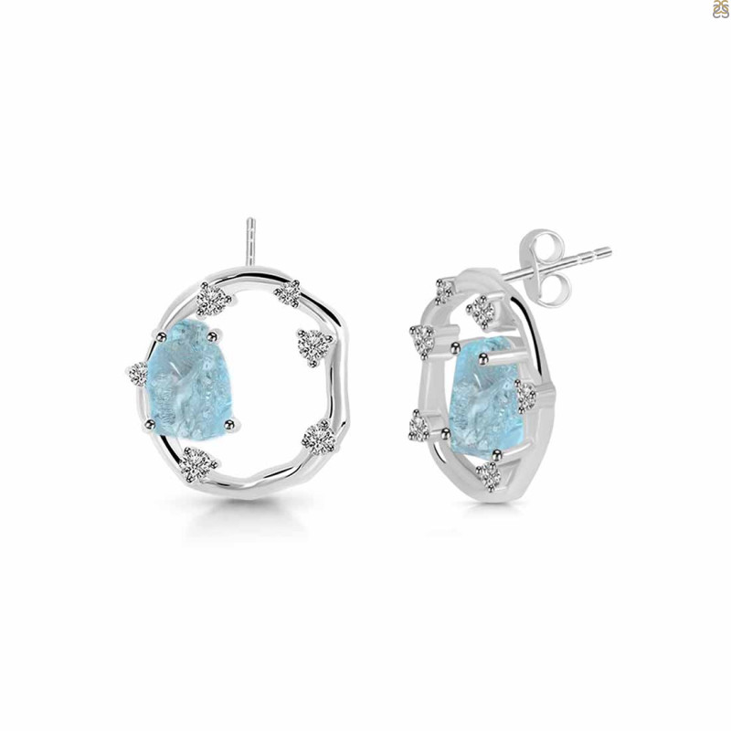 Aquamarine Raw Crystal & White Topaz Stud Earring AQM-RDE-1461.