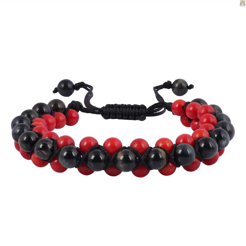 Black Obsidian / Red Coral Beaded Bracelet BDD-11-120