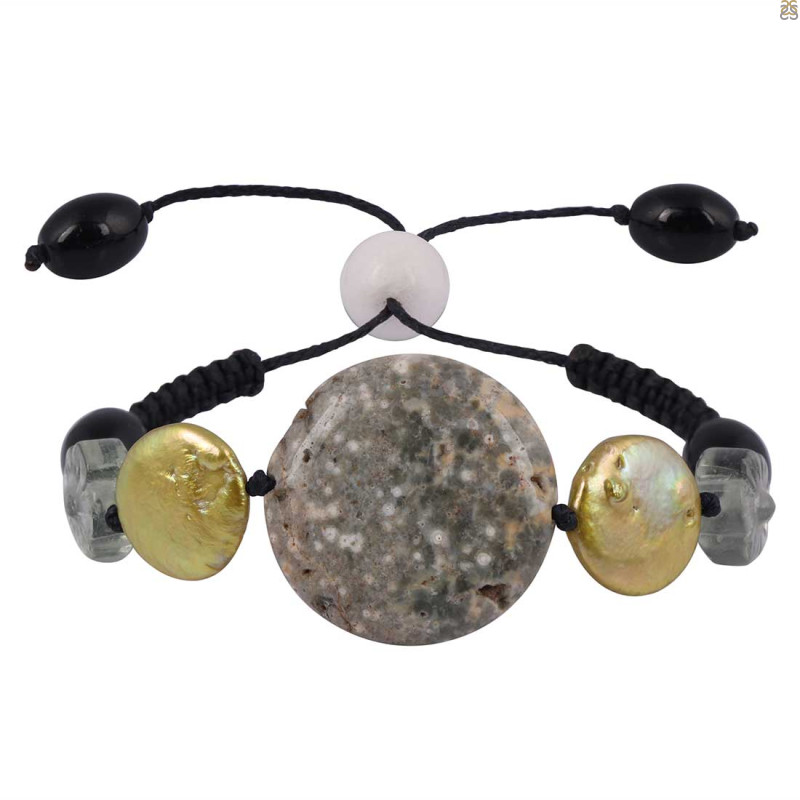 Ocean Jasper / White Jade / Fluorite / Pearl / Black Spinel Beaded Bracelet BDD-11-137