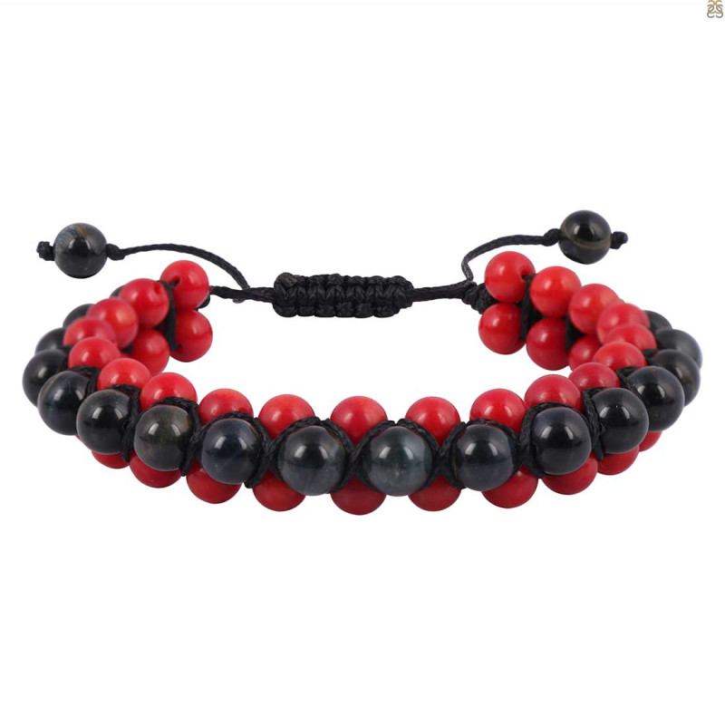 Black Obsidian / Red Coral Beaded Bracelet BDD-11-138