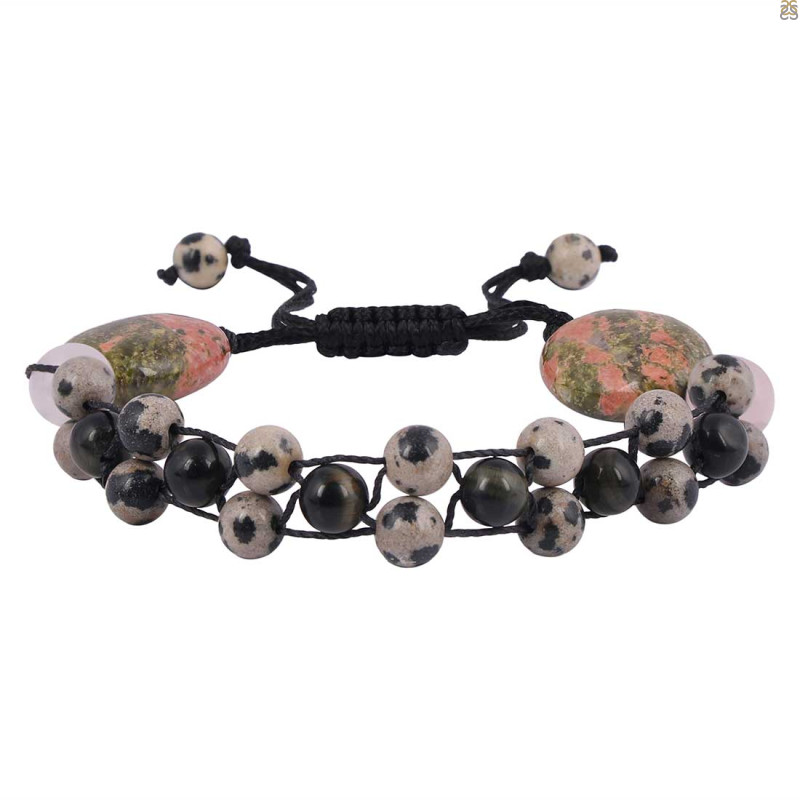 Black Obsidian / Dalmatian / Unakite / Rose Quartz Beaded Bracelet BDD-11-159