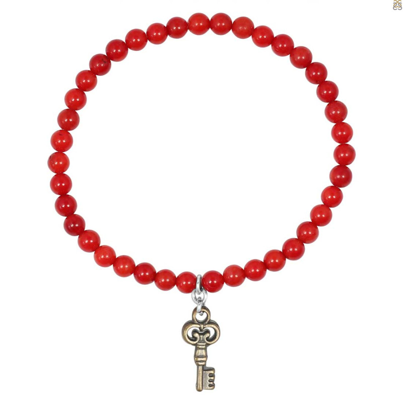 Key Charm / Red Coral Beaded Bracelet BDD-11-207