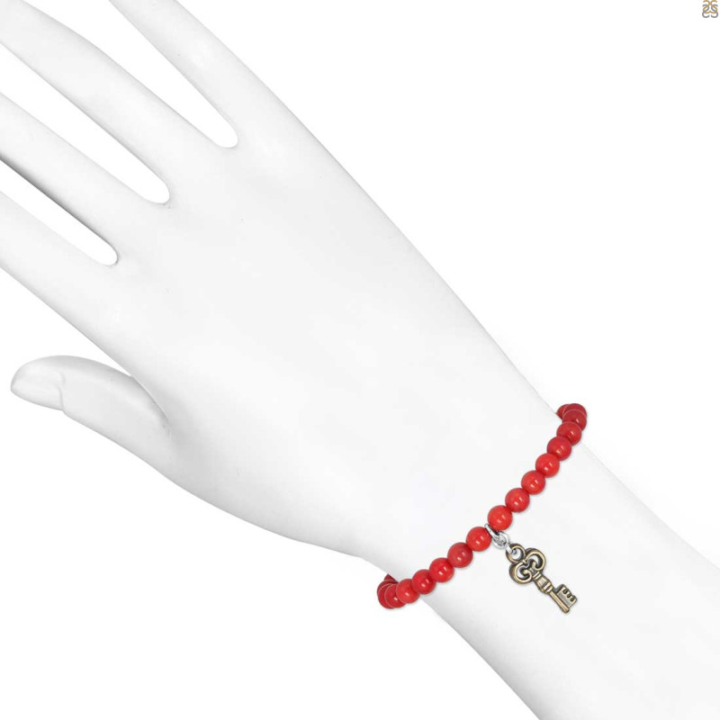 Key Charm / Red Coral Beaded Bracelet BDD-11-207