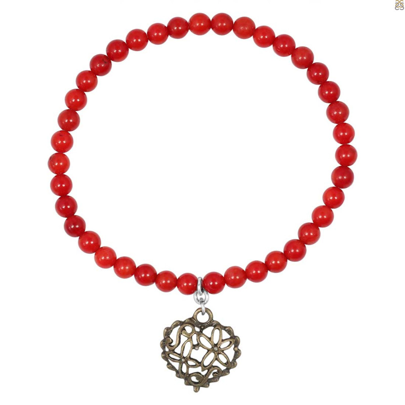 Filigree Heart Charm / Red Coral Beaded Bracelet BDD-11-208