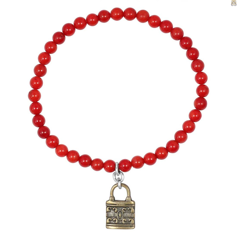 Lock Charm / Red Coral Beaded Bracelet BDD-11-209