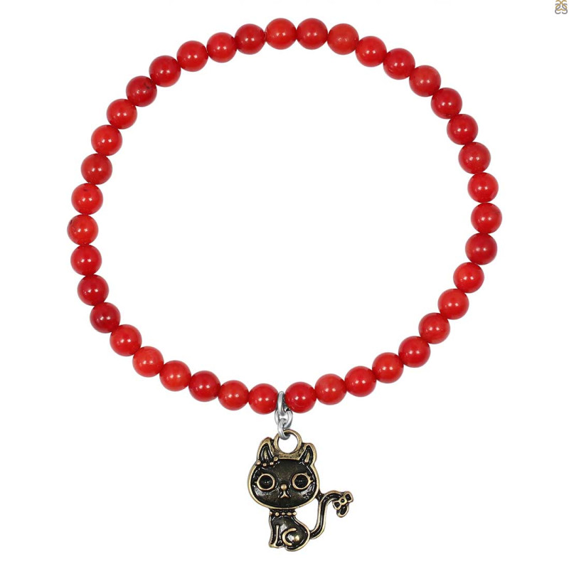 CAT Charm / Red Coral Beaded Bracelet BDD-11-210
