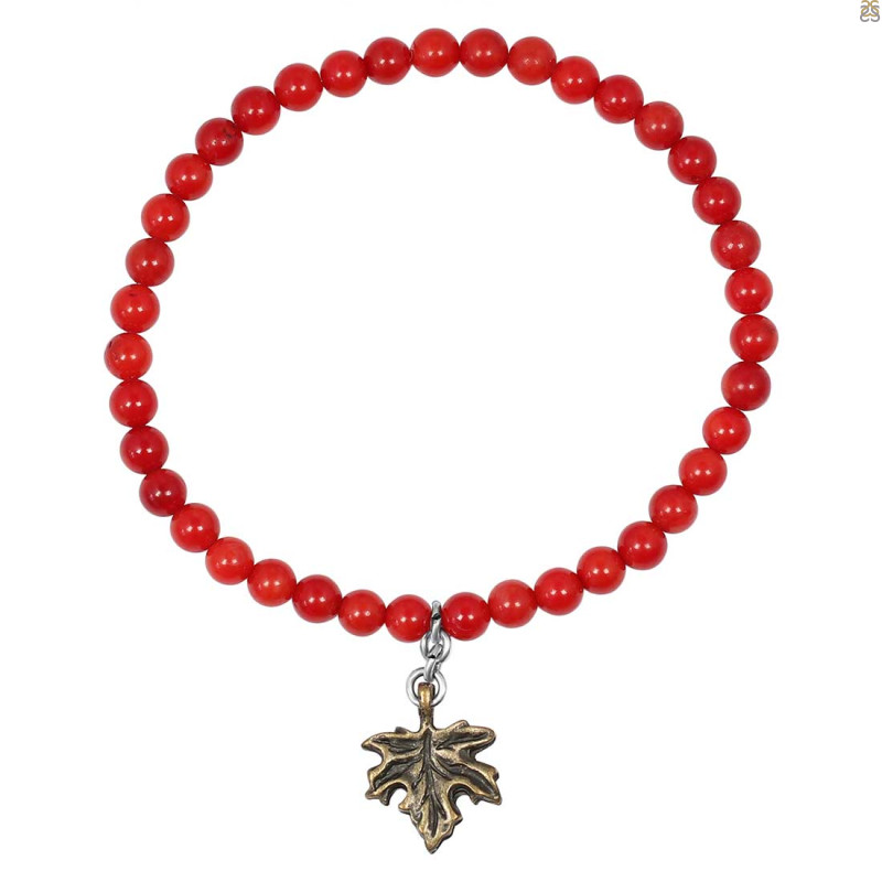 Leaf Charm / Red Coral Beaded Bracelet BDD-11-211