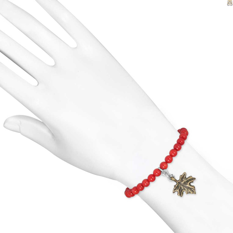 Leaf Charm / Red Coral Beaded Bracelet BDD-11-211