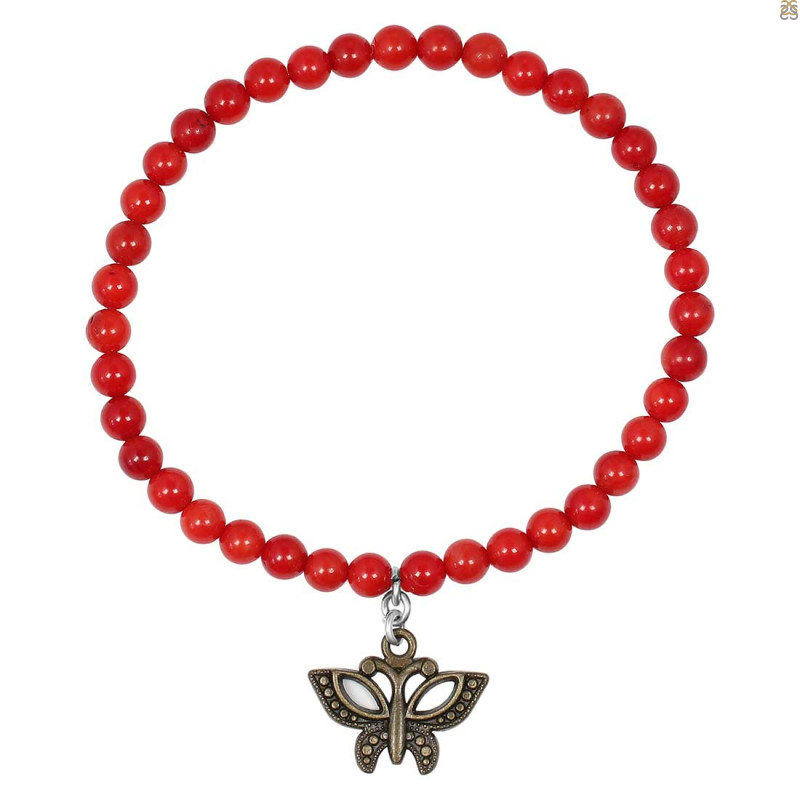 Butterfly Charm / Red Coral Beaded Bracelet BDD-11-212