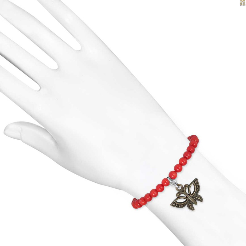 Butterfly Charm / Red Coral Beaded Bracelet BDD-11-212