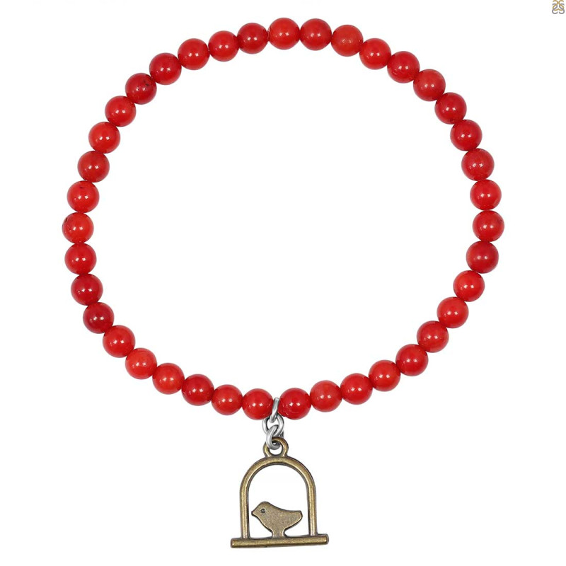 Bird On A Swing Charm / Red Coral Beaded Bracelet BDD-11-213