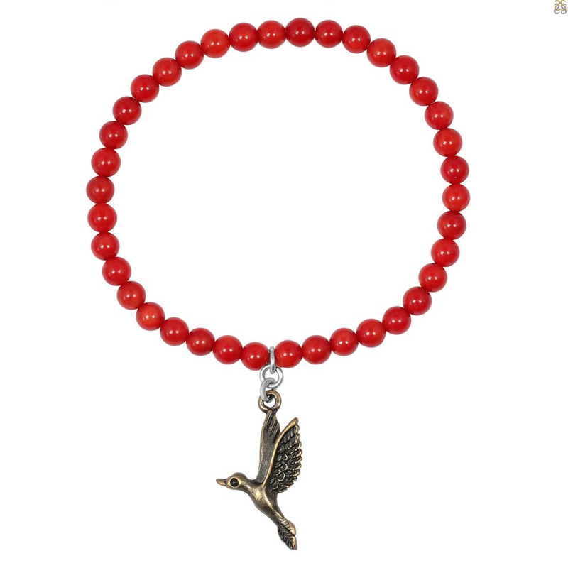 Hummingbird Charm / Red Coral Beaded Bracelet BDD-11-215