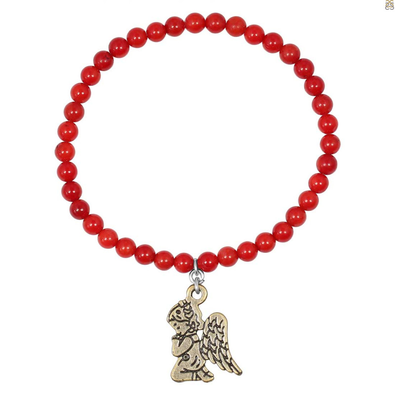 Antique Guardian Angel Charm / Red Coral Beaded Bracelet BDD-11-216