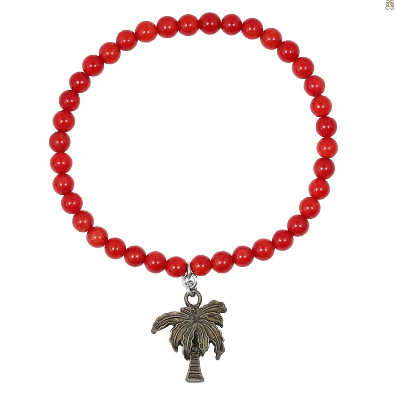Palm Tree Charm / Red Coral Beaded Bracelet BDD-11-217