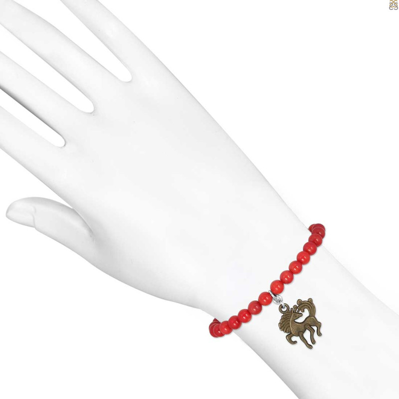 Vintage Horse Charm / Red Coral Beaded Bracelet BDD-11-218