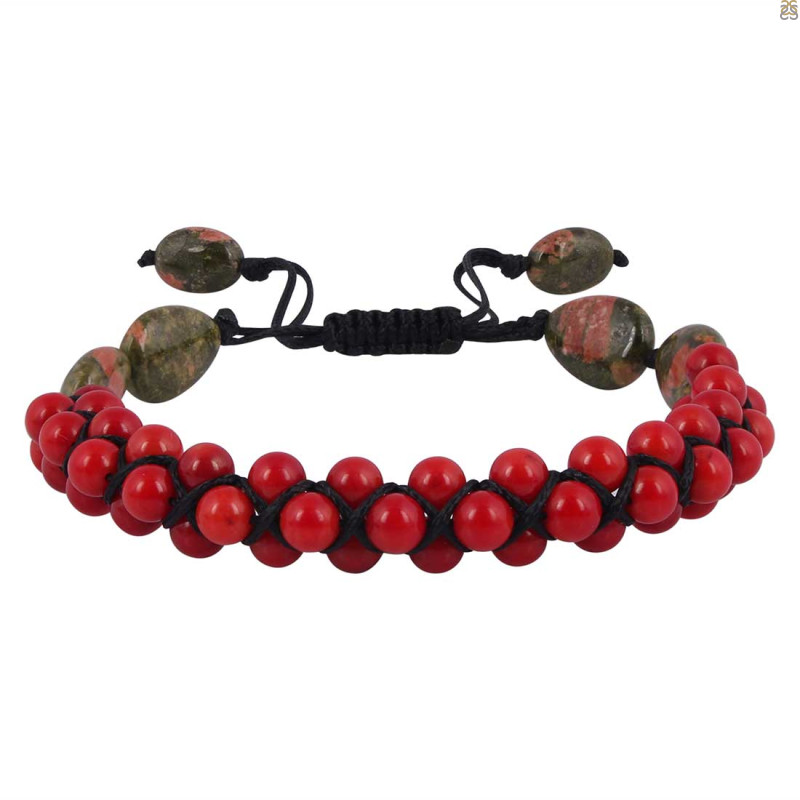 Red Coral / Unakite Beaded Bracelet BDD-11-268
