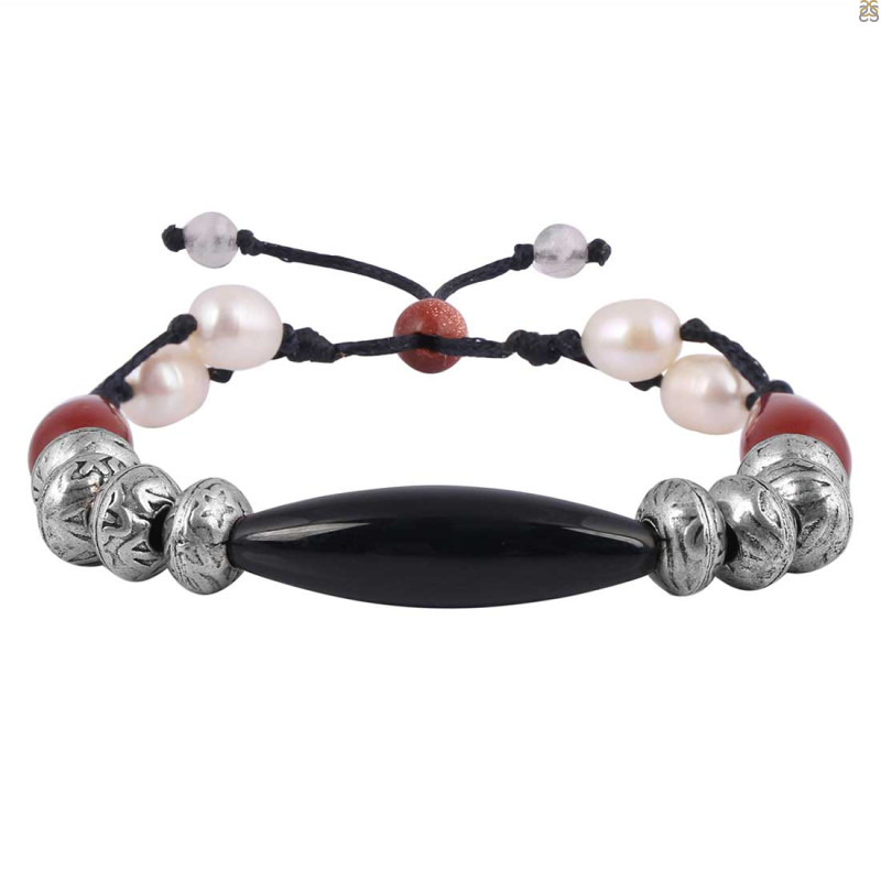 Black Onyx / Red Jasper / Pearl Beaded Bracelet BDD-11-319