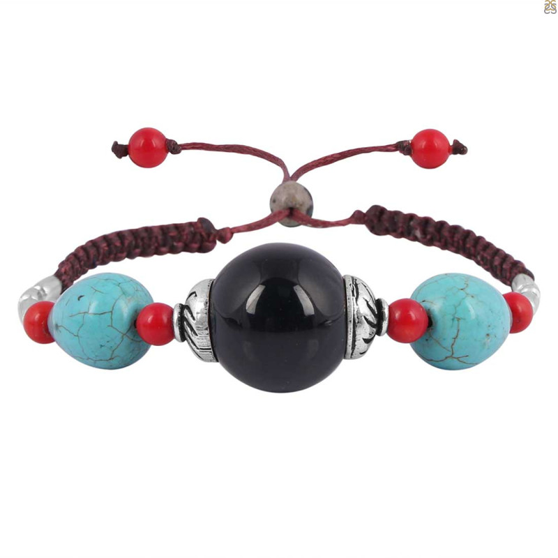 Black Obsidian / Turquoise / Red Cora Beaded Bracelet BDD-11-327
