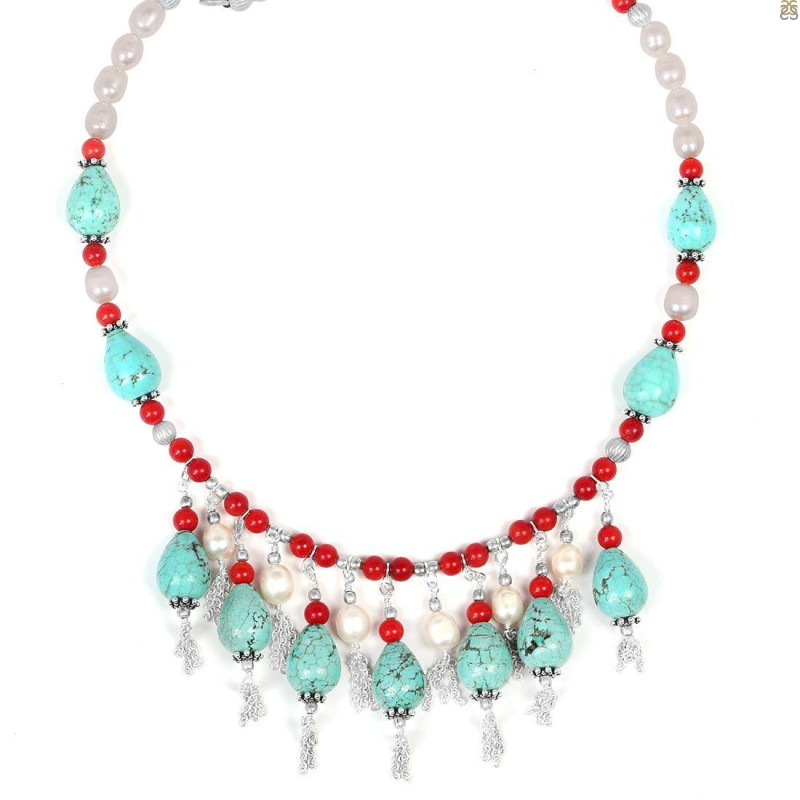 Turquoise/Red Coral/Pearl Beaded Necklace BDD-12-1608