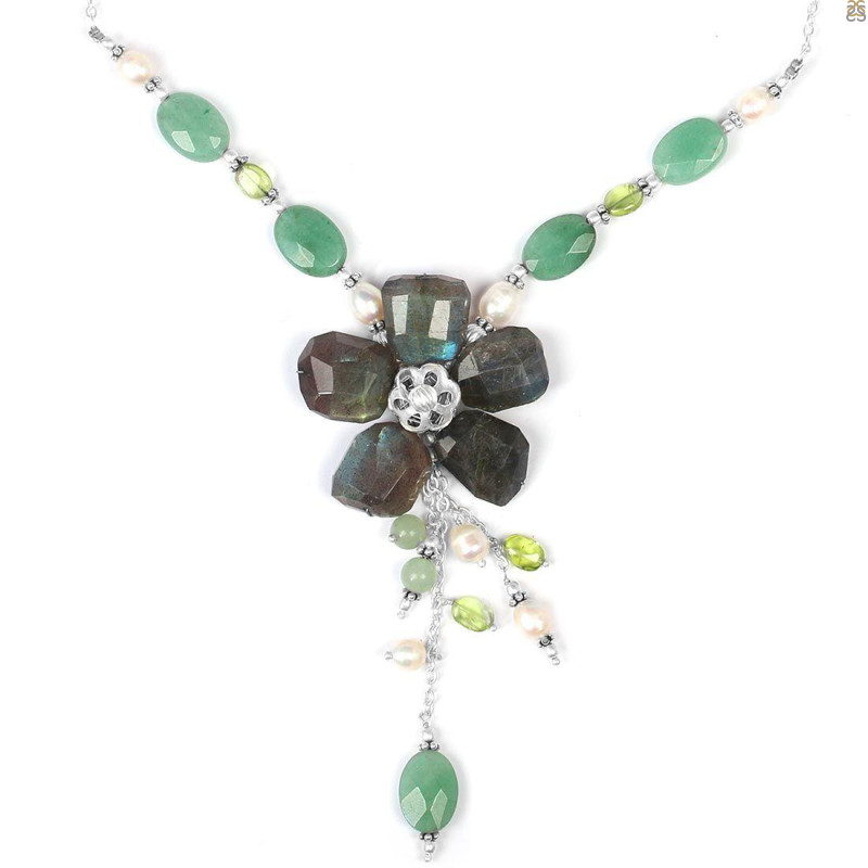 Labradorite/Green Aventurine/Peridot/Pearl Beaded Necklace BDD-12-1610