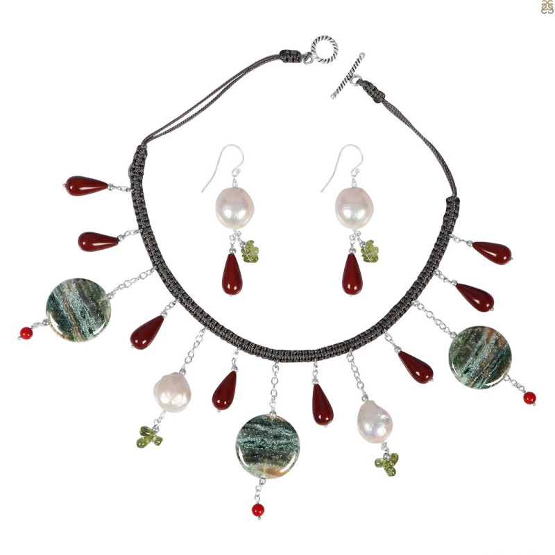 Biwa Pearl/Red Jasper Beaded  Jewelry Set BDD-12-1628