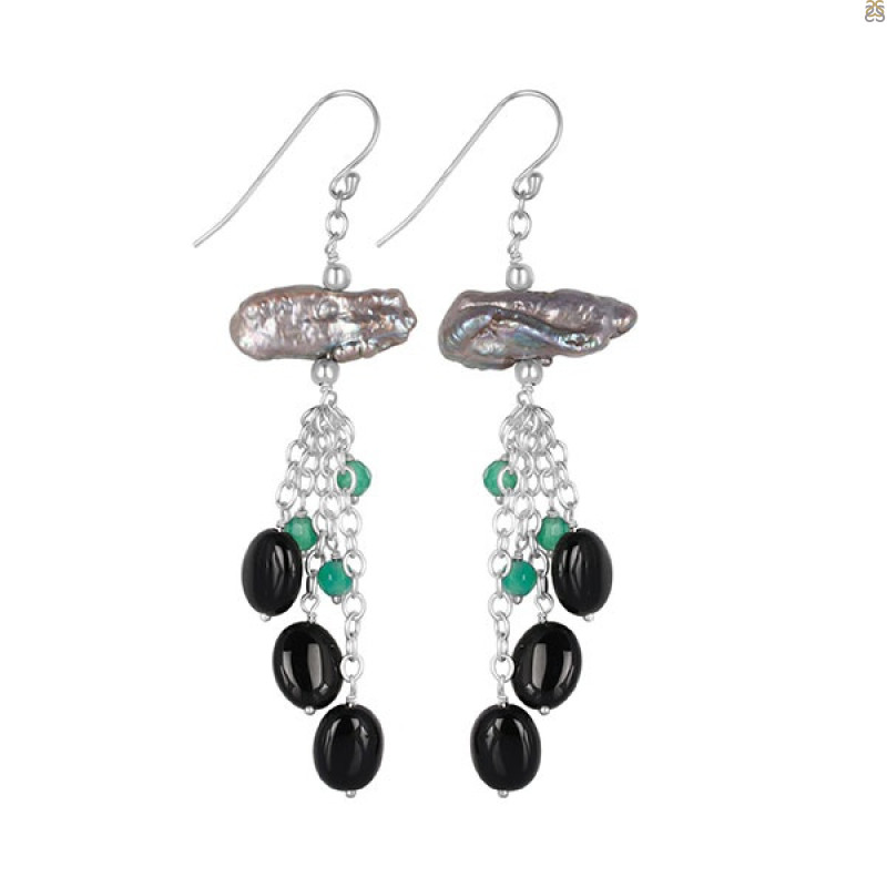 Biwa Pearl/Black Spinel Beaded Earring BDD-3-144