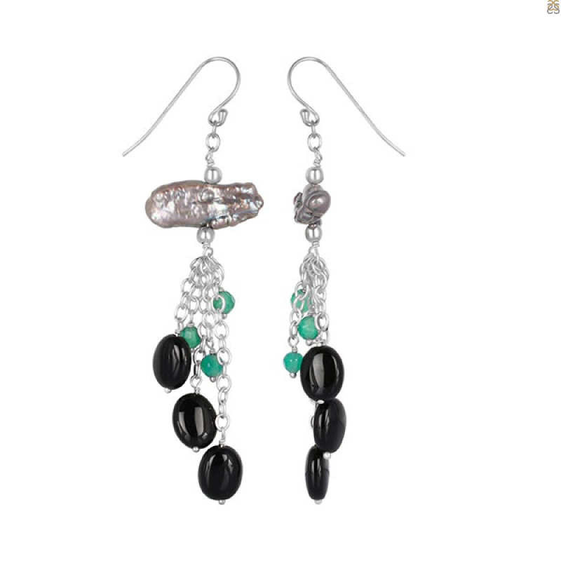 Biwa Pearl/Black Spinel Beaded Earring BDD-3-144