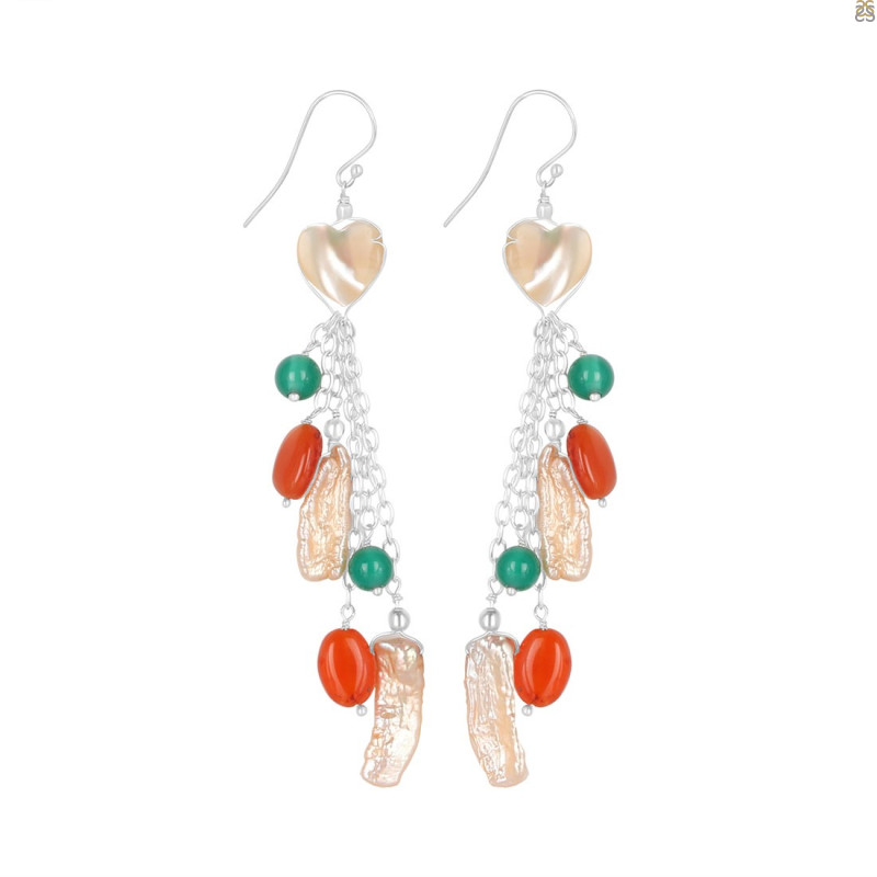 Biwa Pearl/Carnelian Beaded Earring BDD-3-166