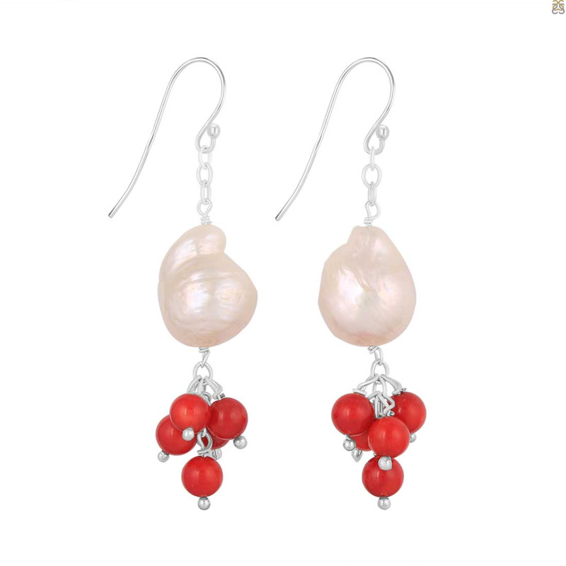 Pearl / Red Coral Beaded Earring BDD-3-171