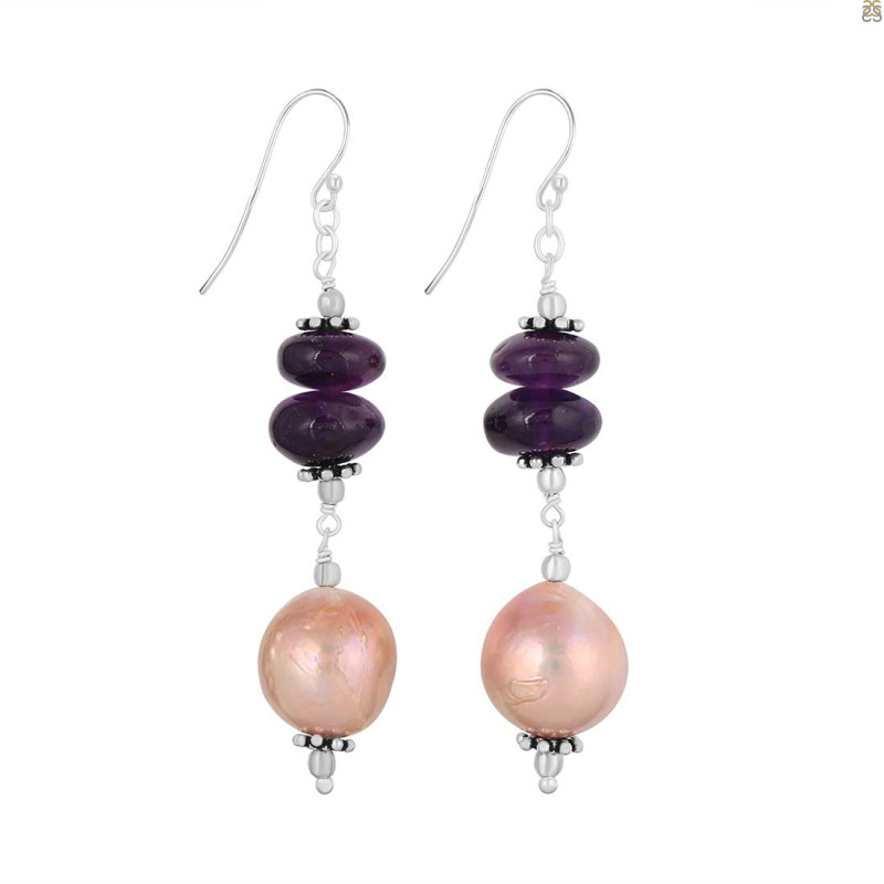 Biwa Pearl / Amethyst Beaded Earring BDD-3-179