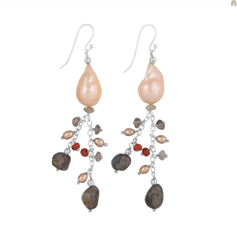 Pearl / Labradorite / Red Cora Beaded Earring BDD-3-191
