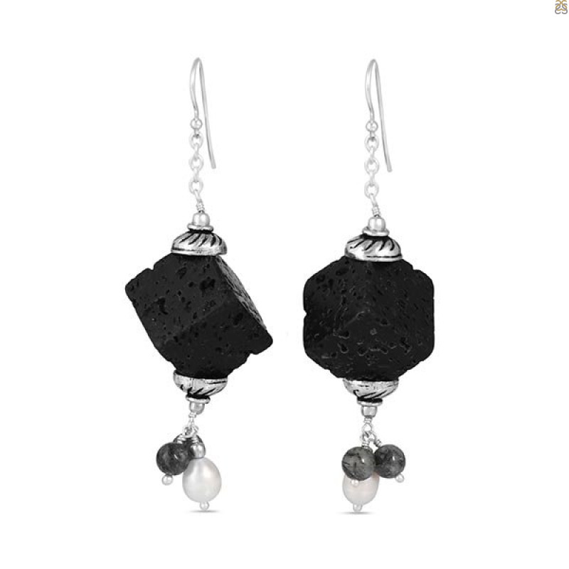 Lava / Moss Agate / Pearl Beaded Earring-2E BDD-3-40