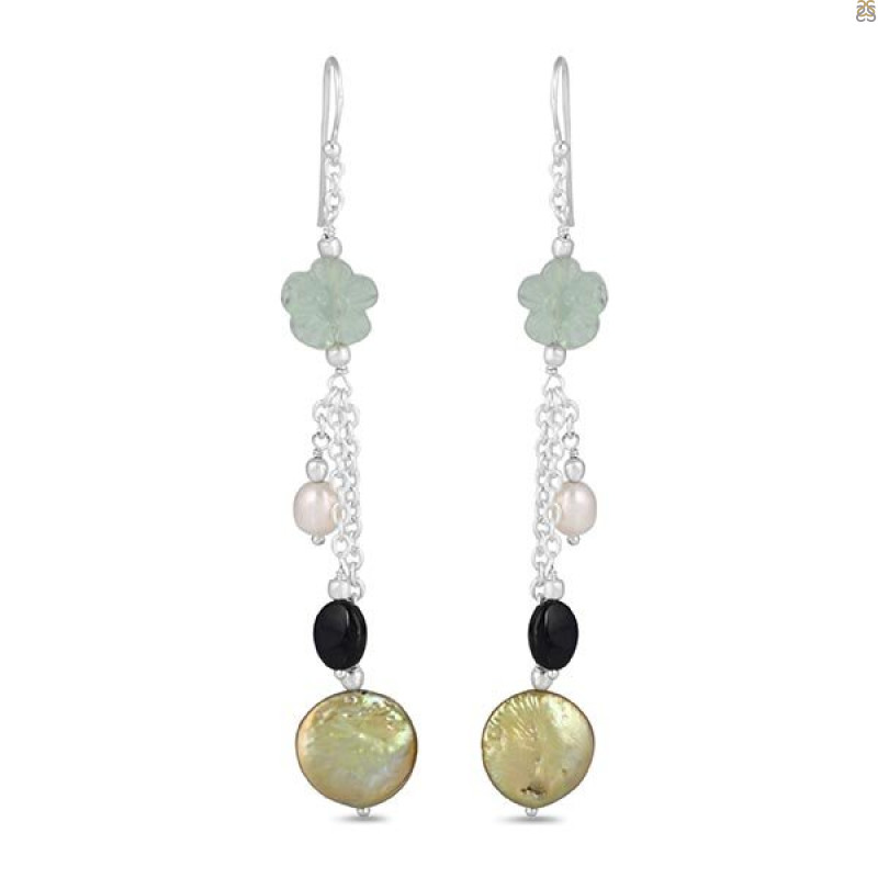Fluorite /Pearl/Black OnyxBeaded Earring-2E BDD-3-44