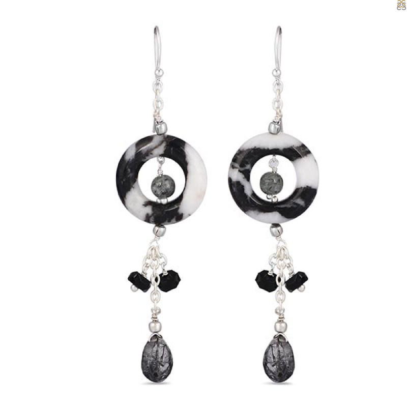 Zebra Jasper/Black Rutile/Black SpinelBeaded Earring-2E BDD-3-47