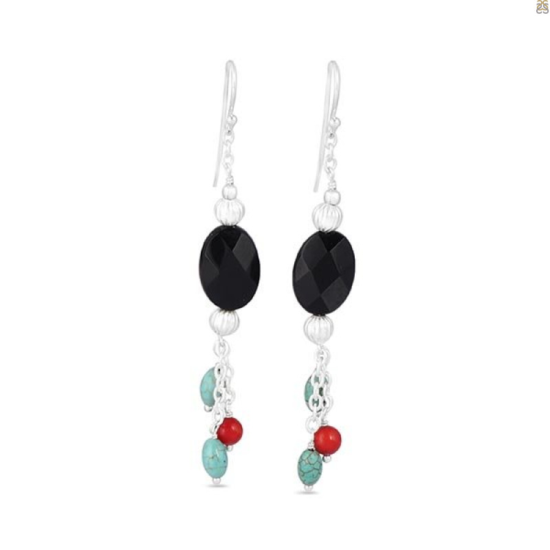 Black Onyx/Turquoise/CoralBeaded Earring-2E BDD-3-50