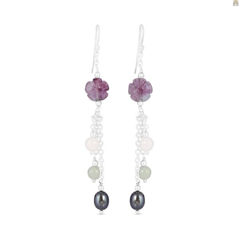 Fluorite /Prehnite/Rose Quartz/PearlBeaded Earring-2E BDD-3-58