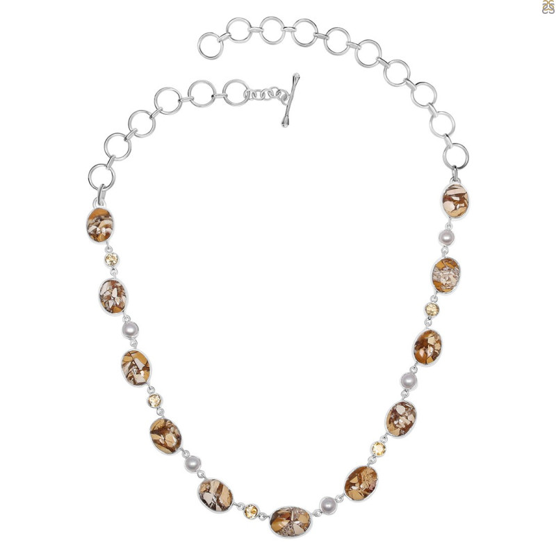Brecciated Mookaite/Biwa Pearl/Citrine Necklace-NSL BRM-12-3