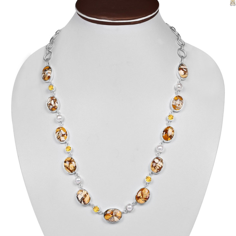 Brecciated Mookaite/Biwa Pearl/Citrine Necklace-NSL BRM-12-3