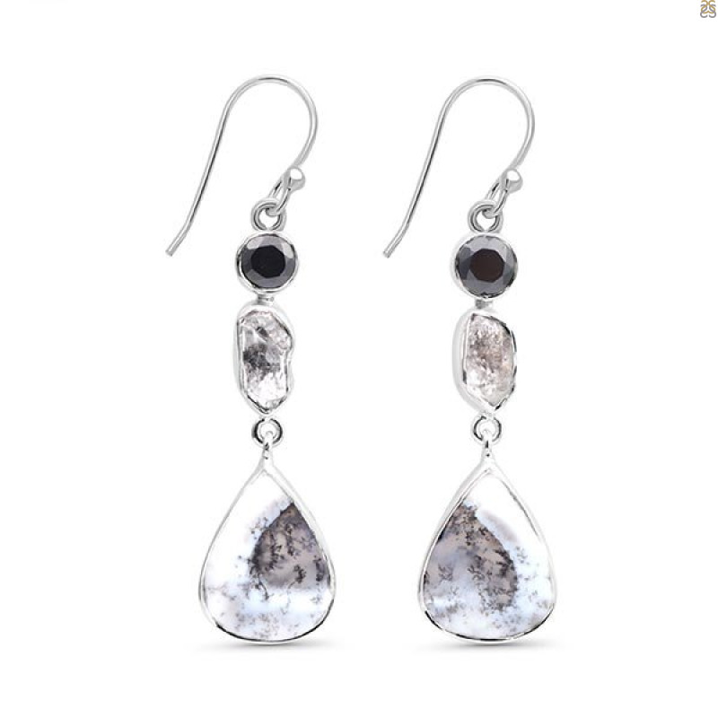Dendritic Agate/Black Spinel/Herkimer Diamond Earring-2E DDA-3-64