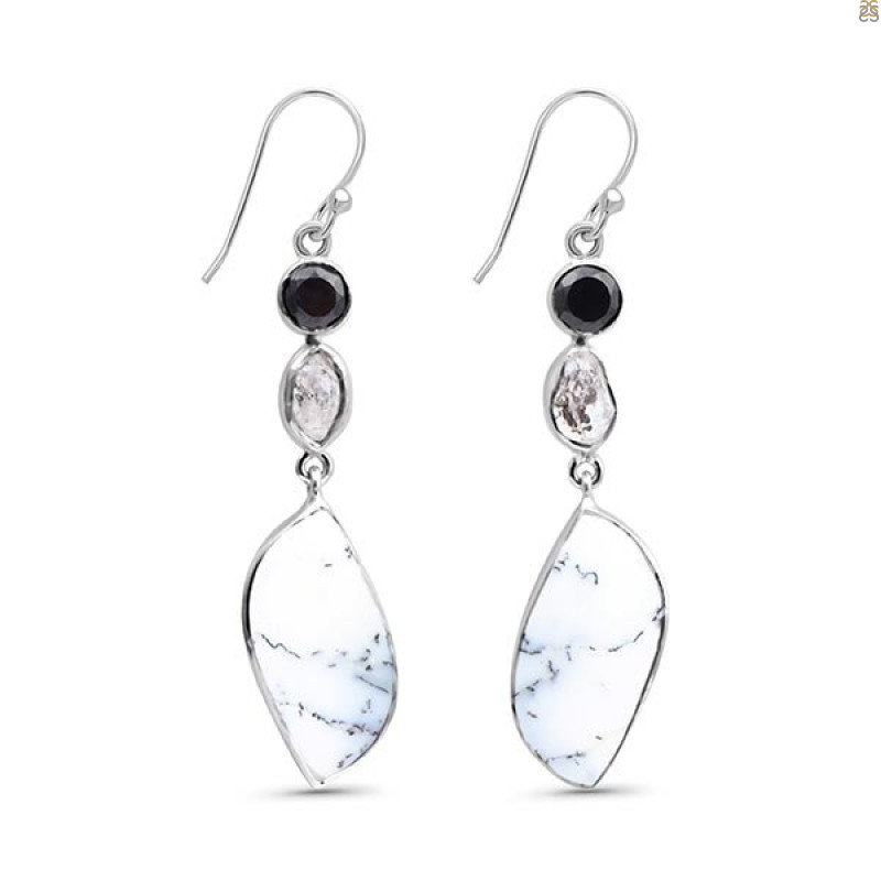 Dendritic Agate/Black Spinel/Herkimer Diamond Earring-2E DDA-3-68