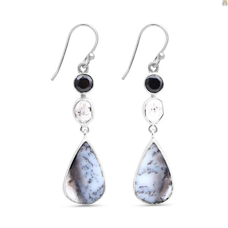 Dendritic Agate/Black Spinel/Herkimer Diamond Earring-2E DDA-3-70