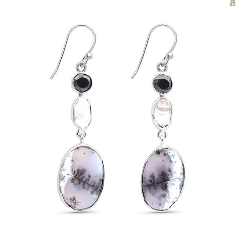 Dendritic Agate/Black Spinel/Herkimer Diamond Earring-2E DDA-3-72