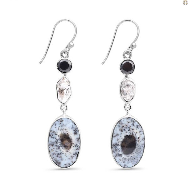 Dendritic Agate/Black Spinel/Herkimer Diamond Earring-2E DDA-3-73